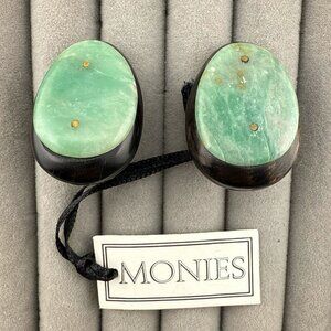 Gerda Lynggaard Monies Earrings Green Stone Wood Oval Chunky Signed w/ Tag